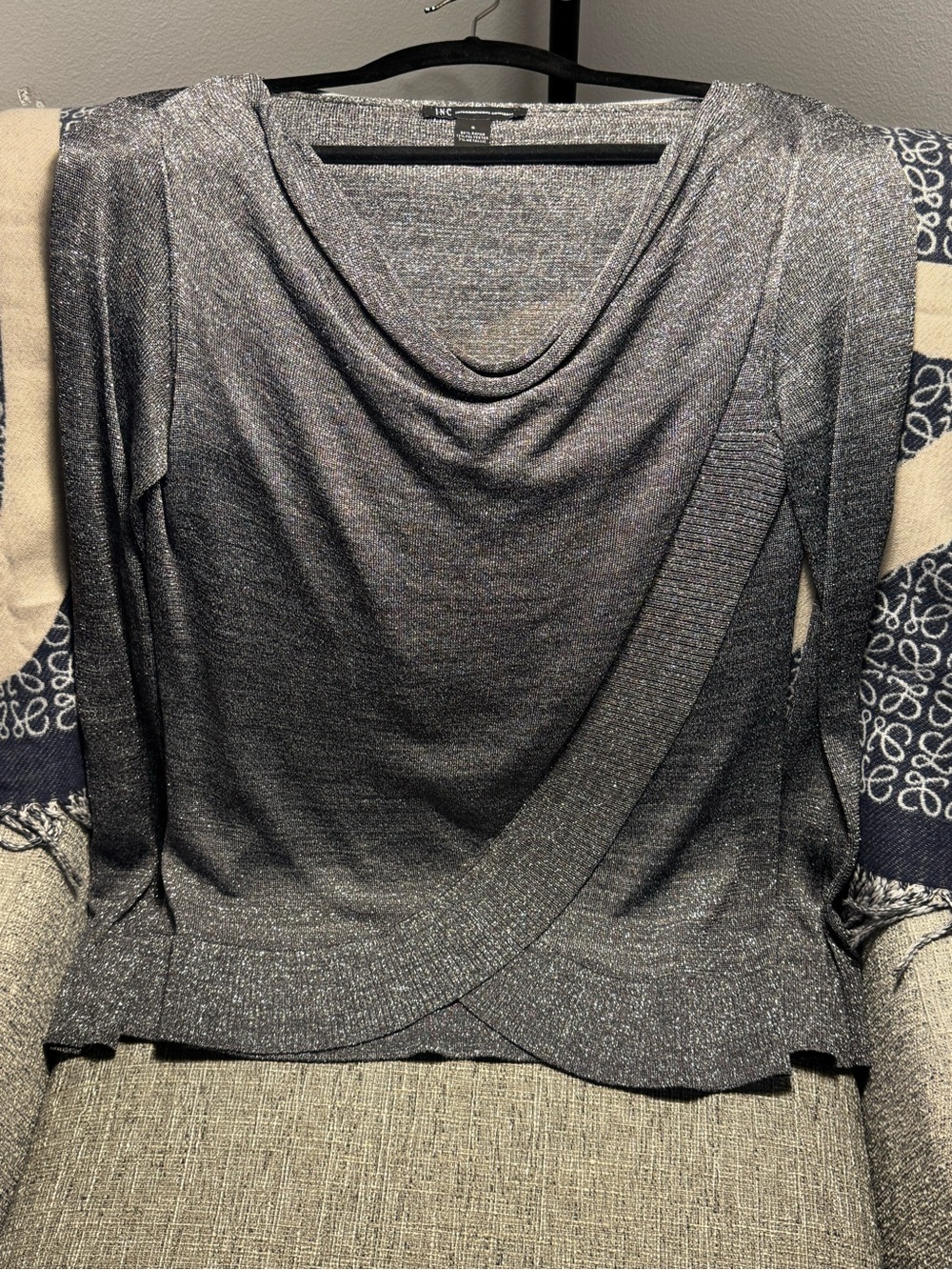 INC International Concepts Metallic Gunmetal Draped Cowl Sweater